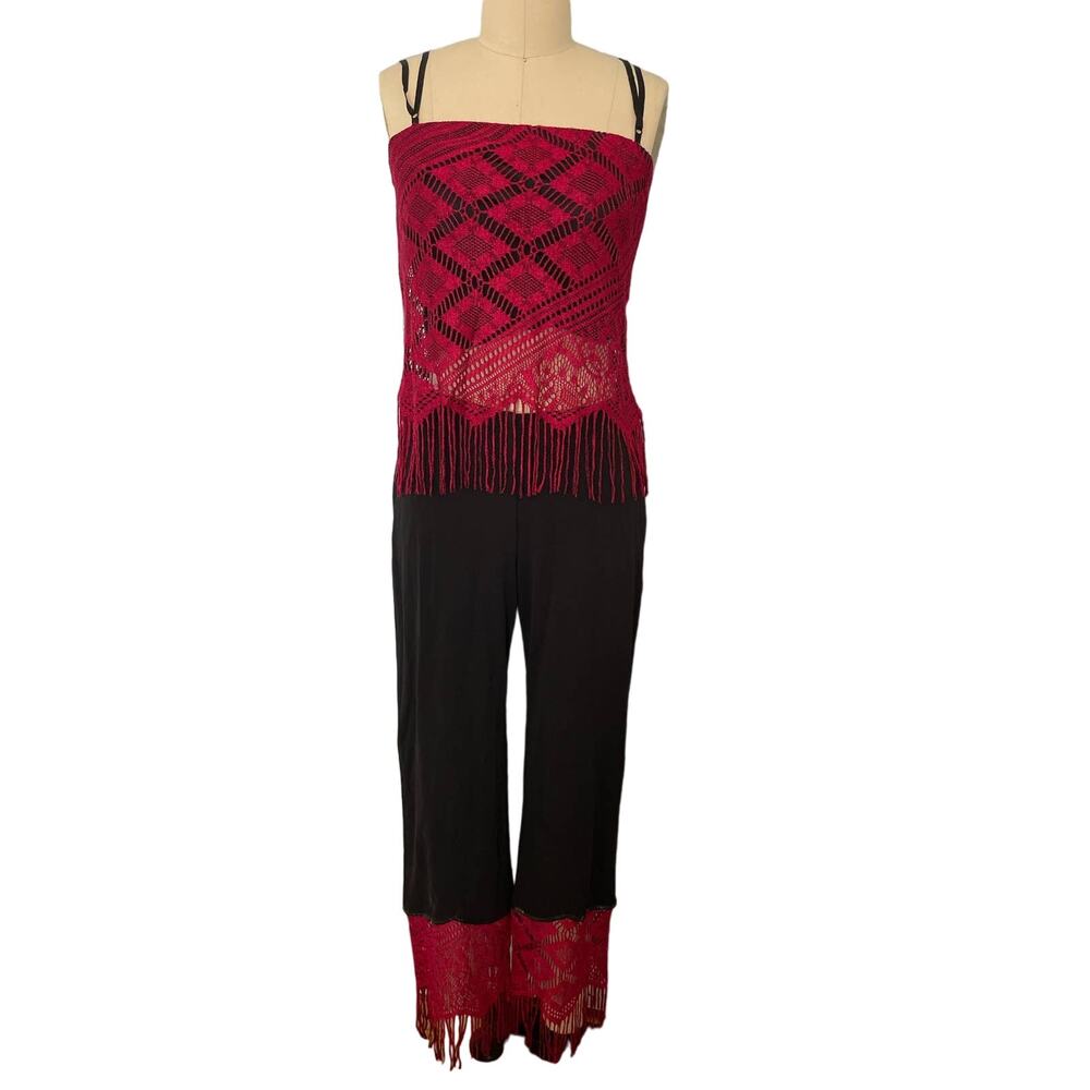 Y2K Fredericks of Hollywood Outfit FESTIVAL Crochet w Fringe and Sequins Size M